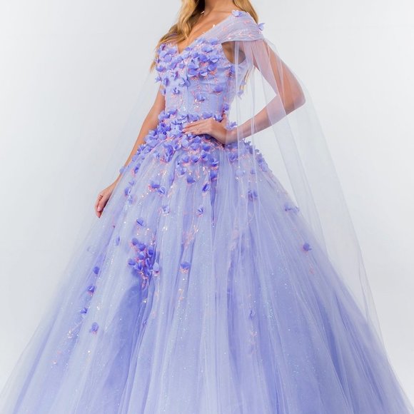 Floral Applique Glitter Mesh Quinceanera Dress w/ Detachable Cape Sleeve GL1974 - Picture 8 of 8